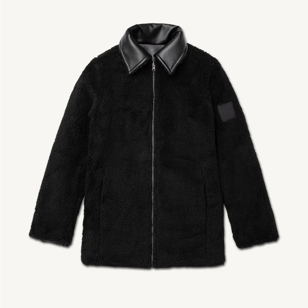 VEILED -Reversible Vegan Leather Sherpa Aviator Coat - Black - Picture 4 of 9